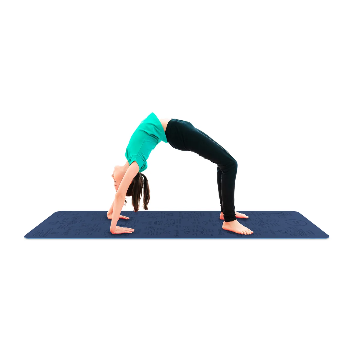 A child in bridge pose on a blue Yogi-Me mat