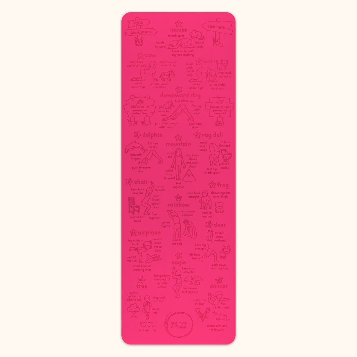 A pink Yogi-Me mat laid flat, showing its fifteen numbered poses