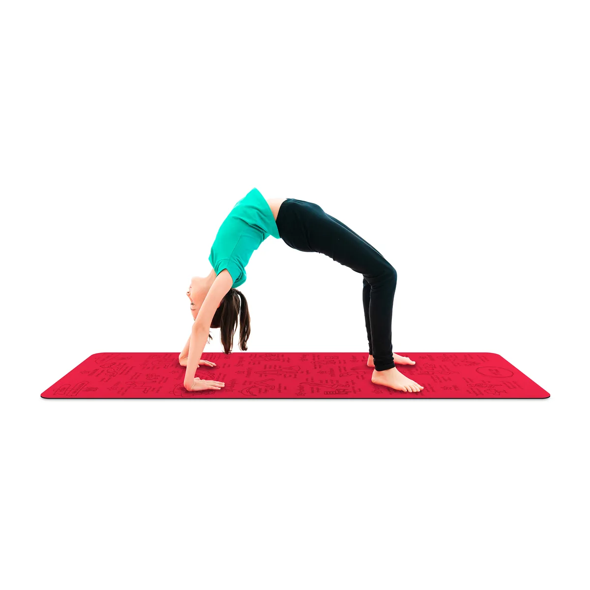 A child mid-pose on a red Yogi-Me mat