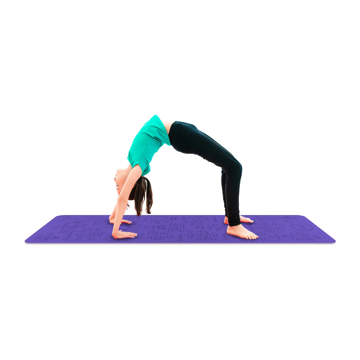 A child mid-pose on a violet Yogi-Me mat