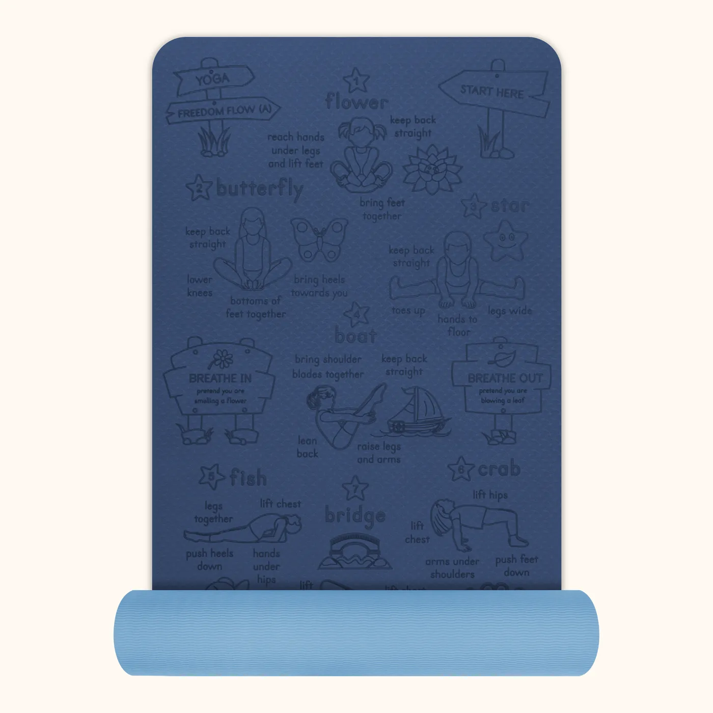 Freedom Flow kids' yoga mat in blue — The mat part-rolled, showing its thickness
