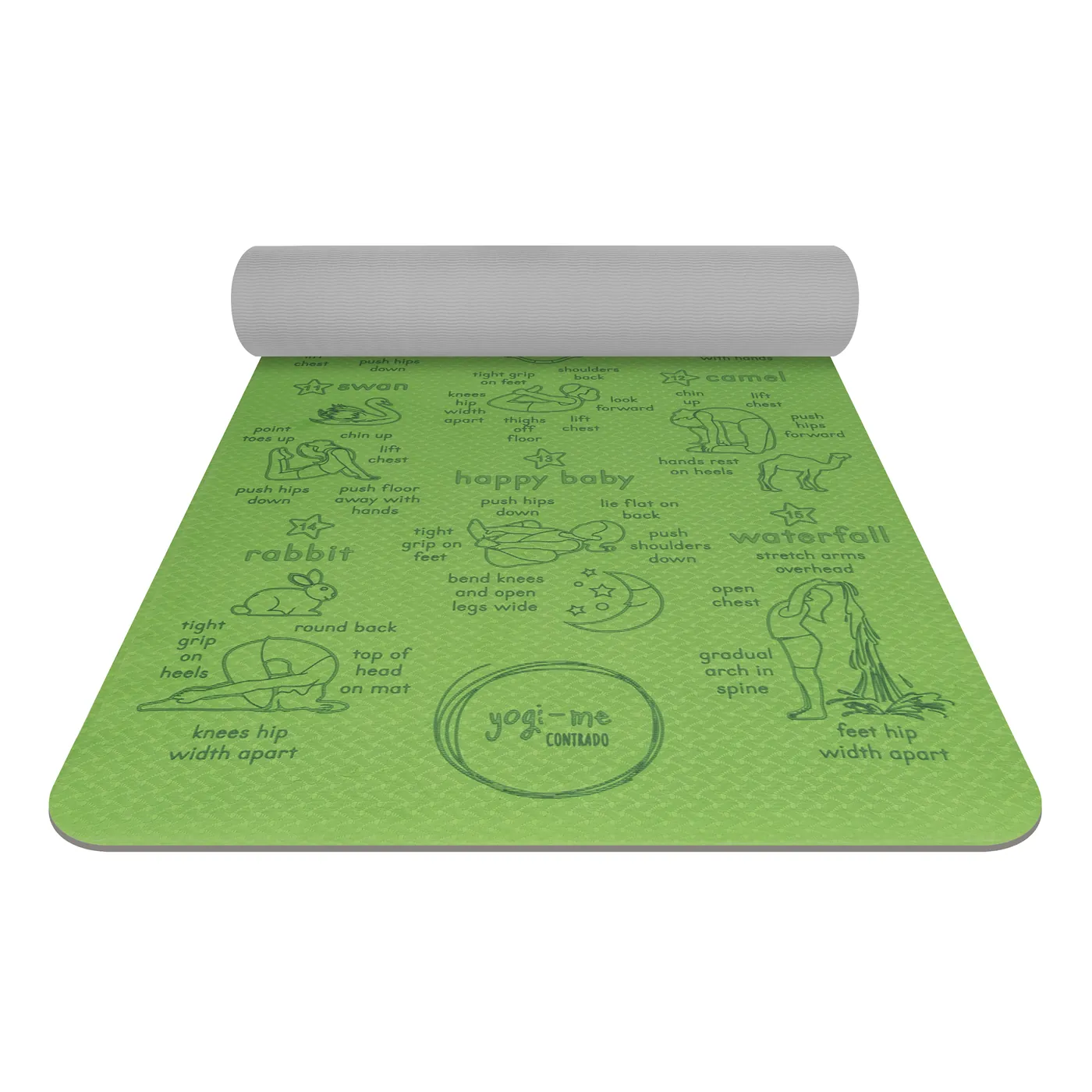 Freedom Flow kids' yoga mat in green — The mat part-rolled, showing its thickness