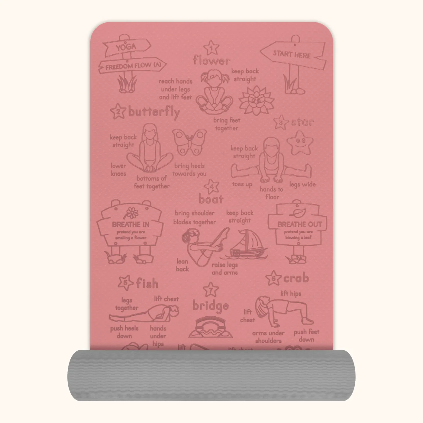 Freedom Flow kids' yoga mat in peach — The mat part-rolled, showing its thickness