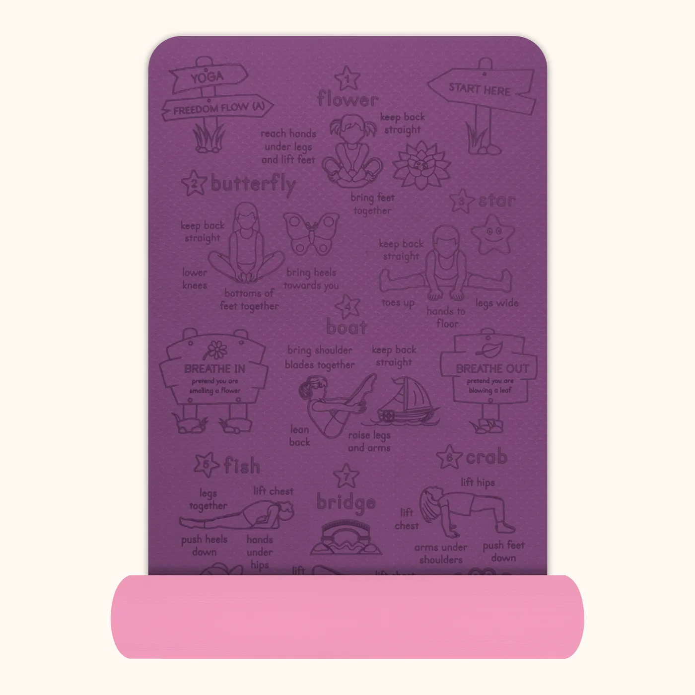 Freedom Flow kids' yoga mat in purple — The mat part-rolled, showing its thickness