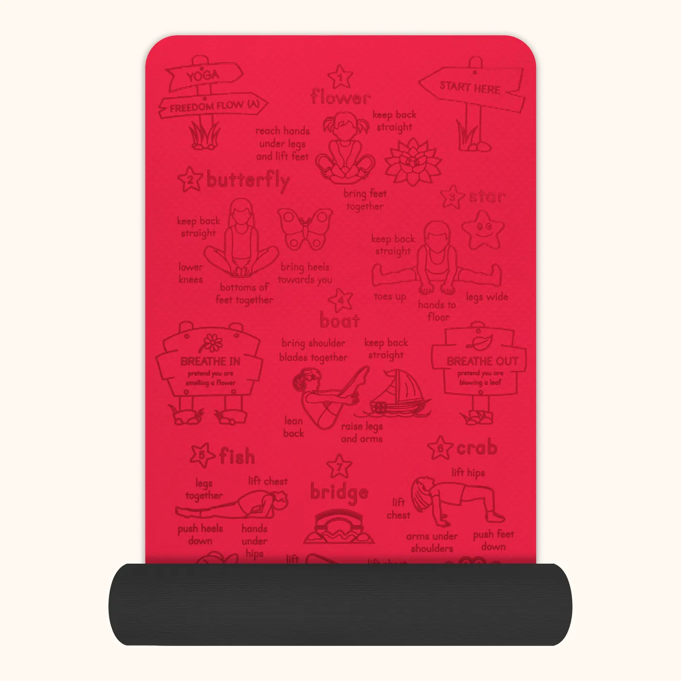 Freedom Flow kids' yoga mat in red — The mat part-rolled, showing its thickness