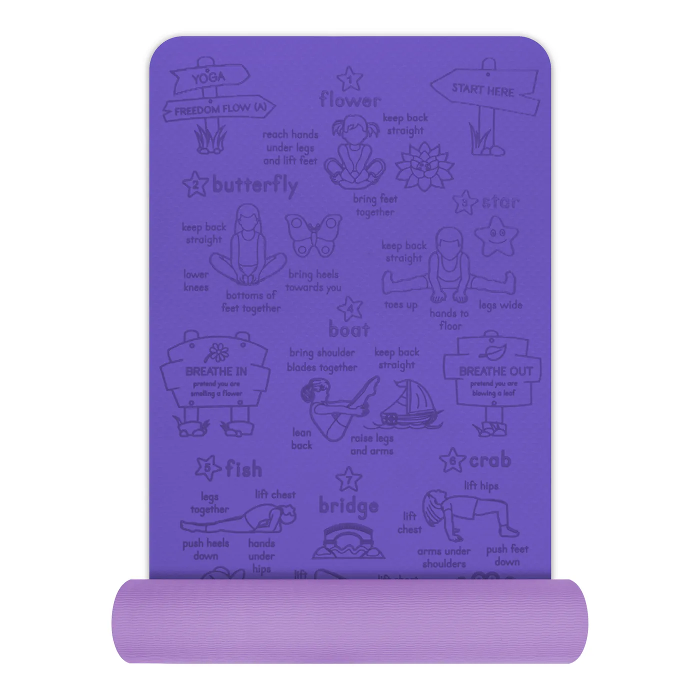 Freedom Flow kids' yoga mat in violet — The mat part-rolled, showing its thickness
