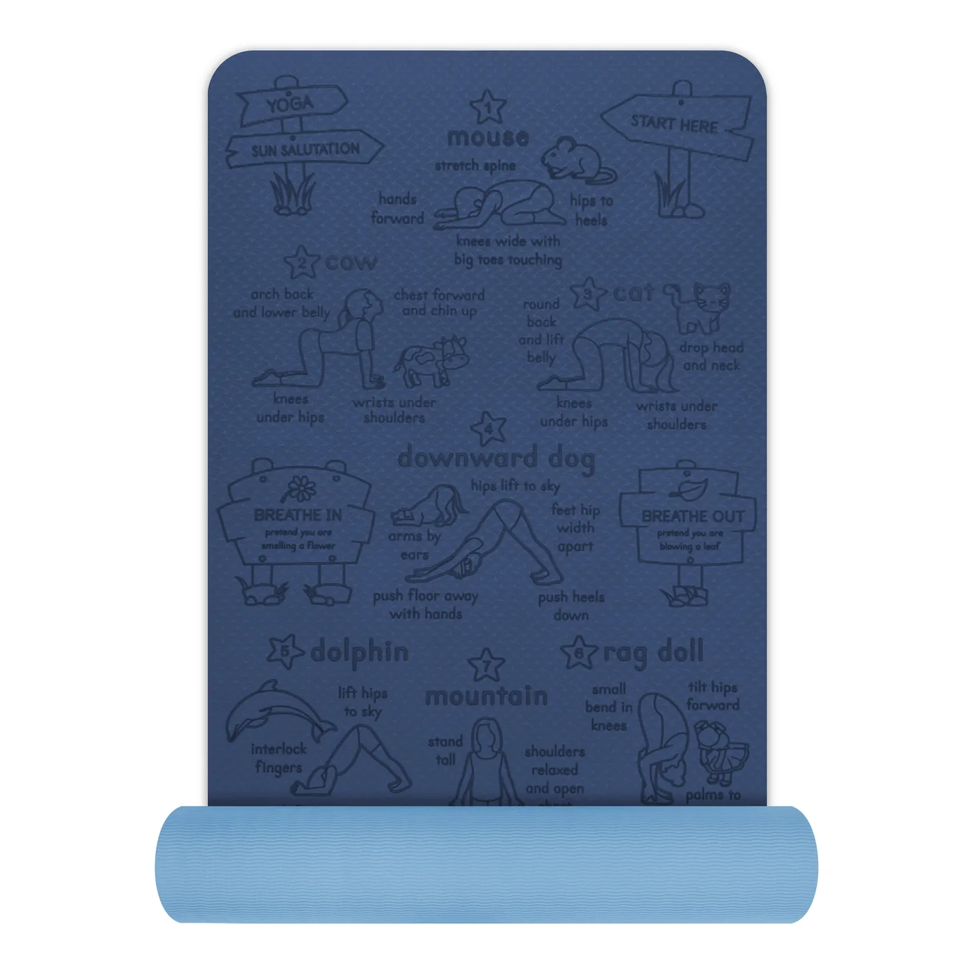 Sun Salutation kids' yoga mat in blue — The mat part-rolled, showing its thickness