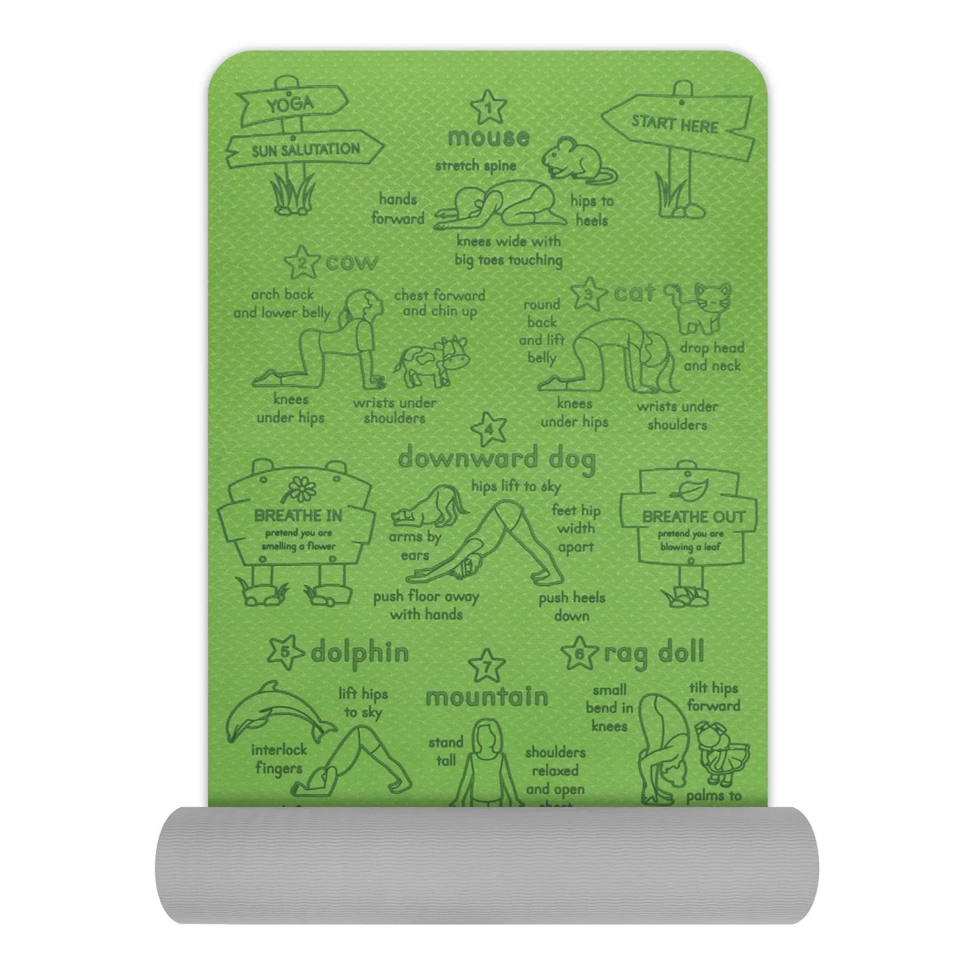 Sun Salutation kids' yoga mat in green — The mat part-rolled, showing its thickness