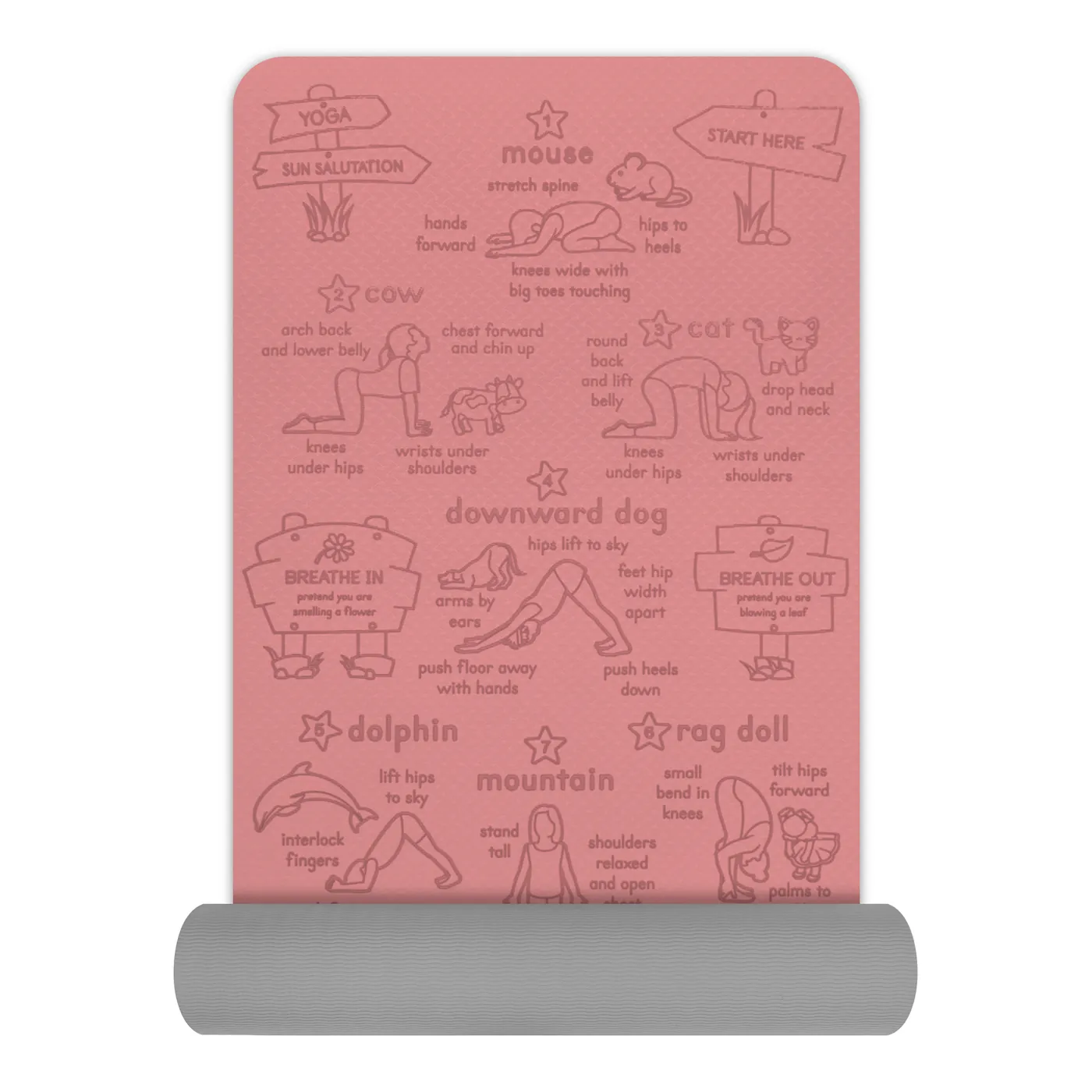 Sun Salutation kids' yoga mat in peach — The mat part-rolled, showing its thickness