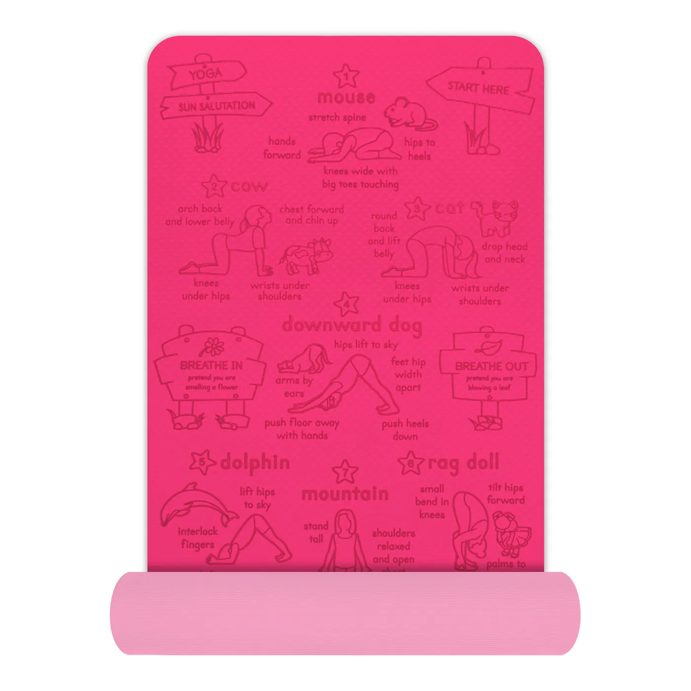 Sun Salutation kids' yoga mat in pink — The mat part-rolled, showing its thickness