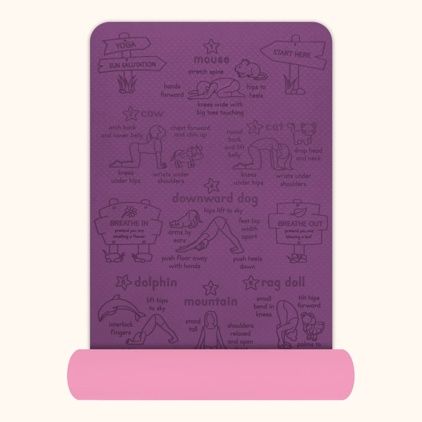 Sun Salutation kids' yoga mat in purple — The mat part-rolled, showing its thickness