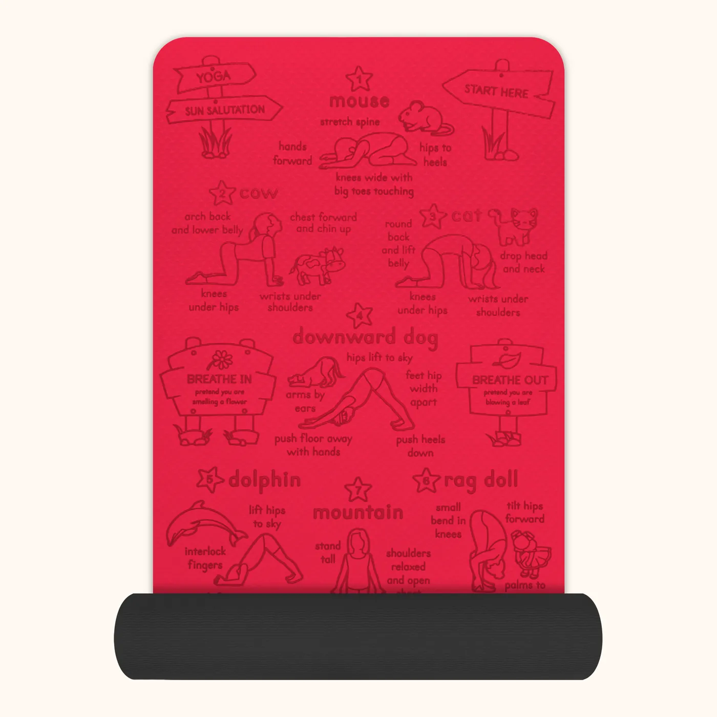Sun Salutation kids' yoga mat in red — The mat part-rolled, showing its thickness
