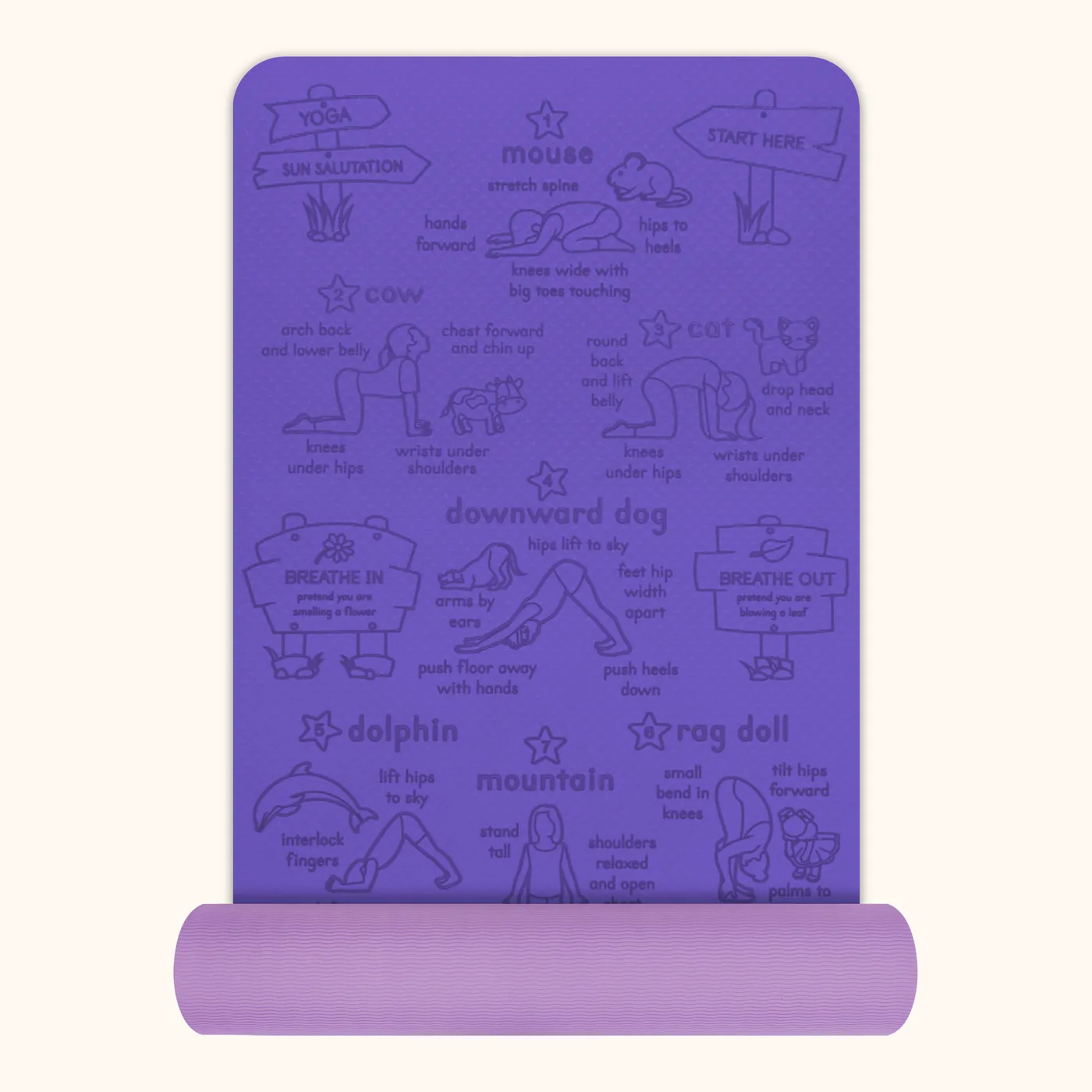 Sun Salutation kids' yoga mat in violet — The mat part-rolled, showing its thickness